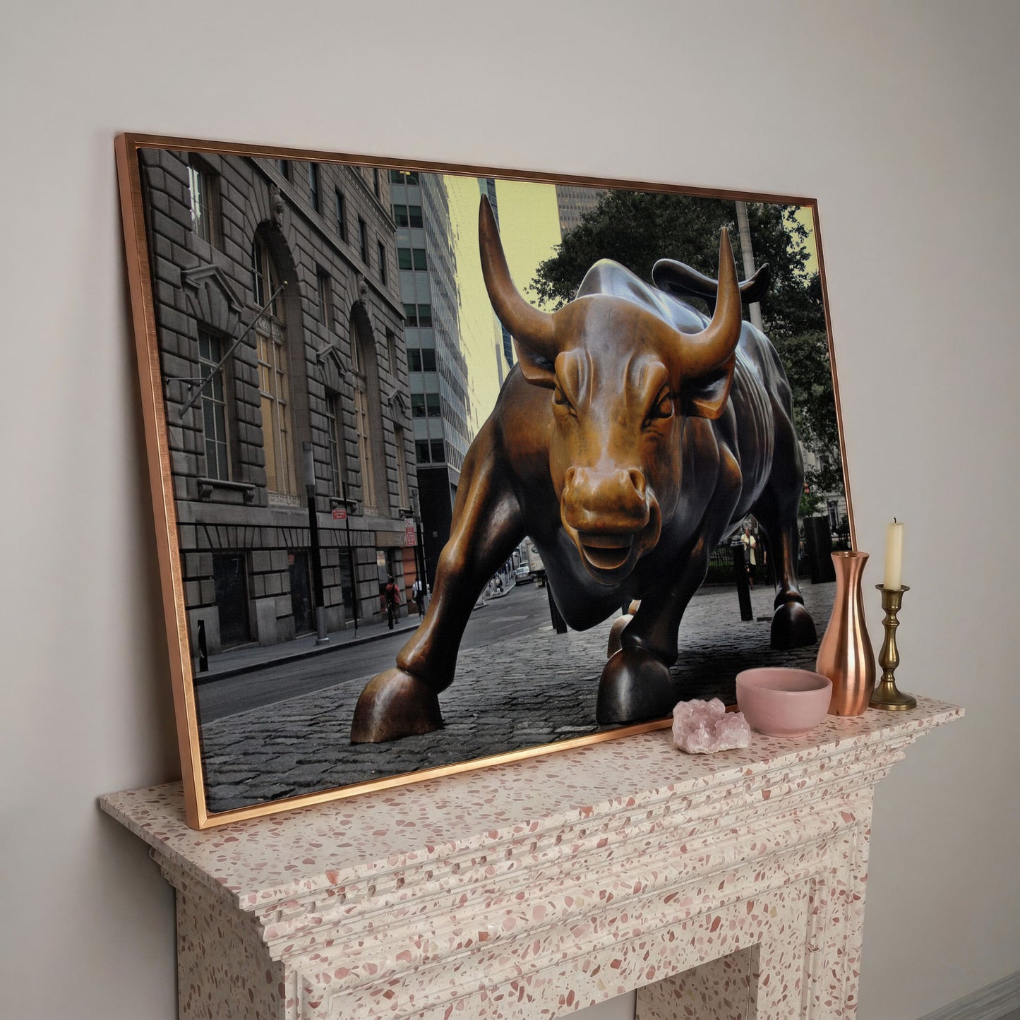 Charging Bull of Wall Street Canvas Art, New York City in rose gold floating frame