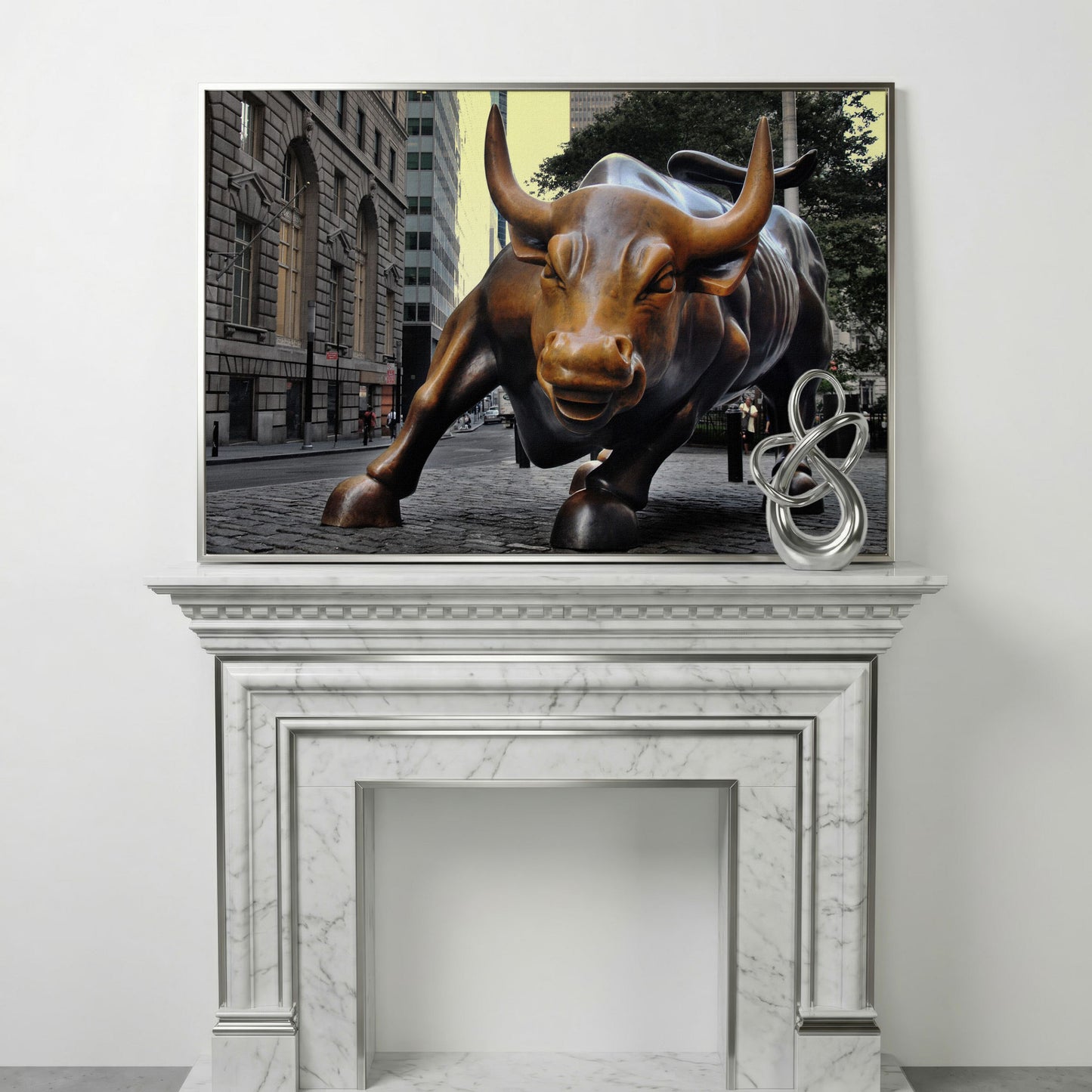 Charging Bull of Wall Street Canvas Art, New York City in silver floating frame