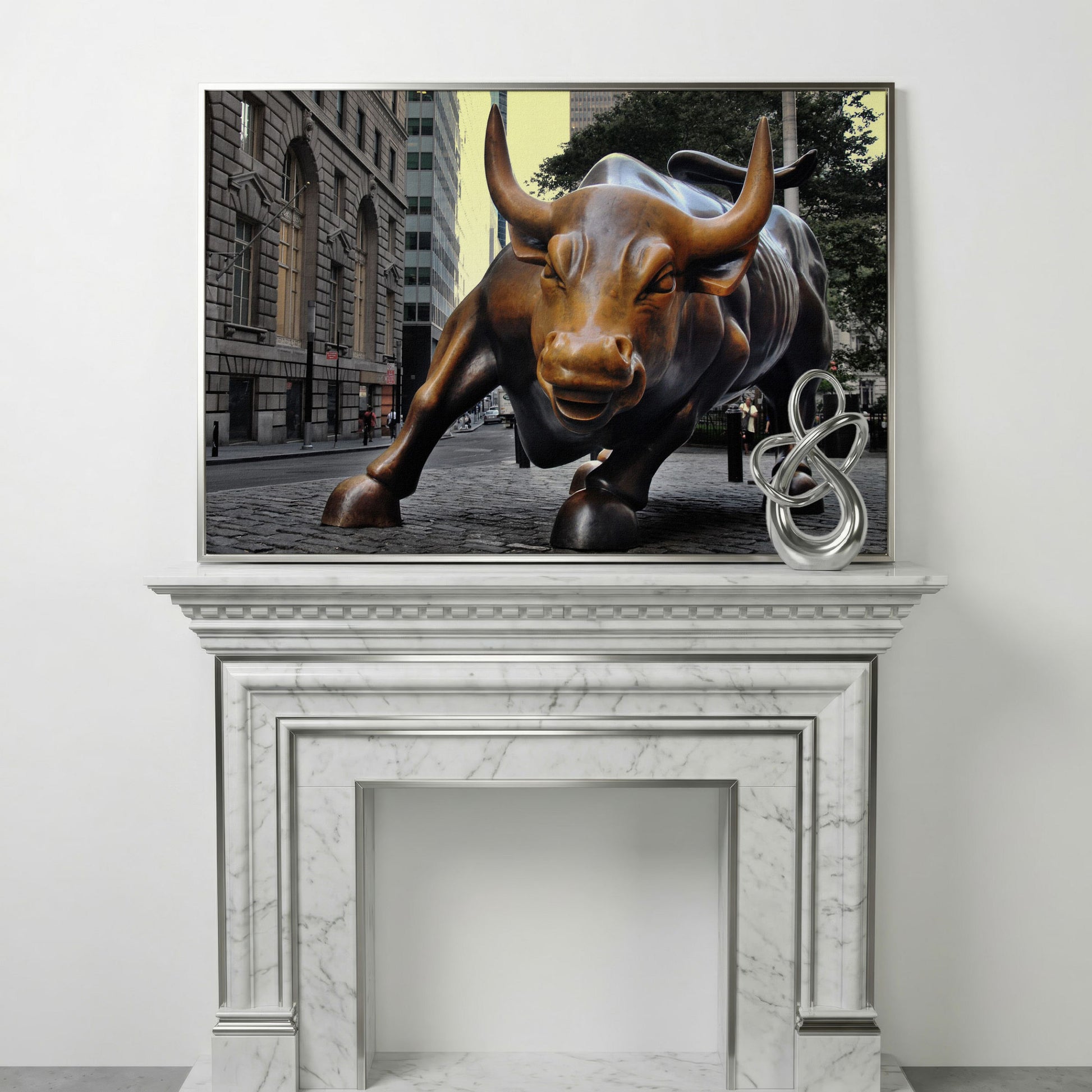 Charging Bull of Wall Street Canvas Art, New York City in silver floating frame