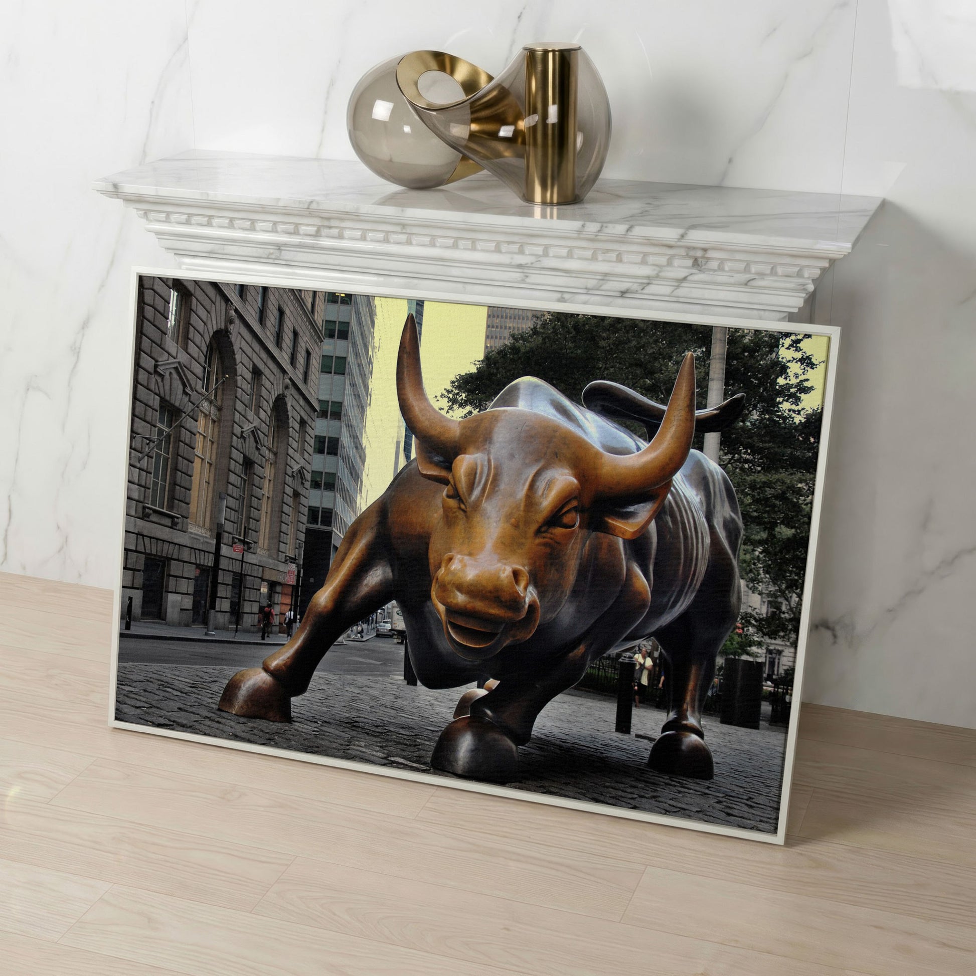 Charging Bull of Wall Street Canvas Art, New York City in white floating frame