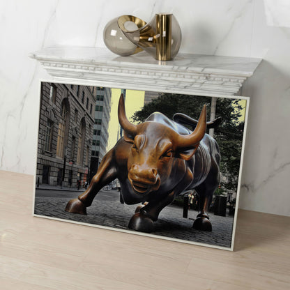 Charging Bull of Wall Street Canvas Art, New York City in white floating frame