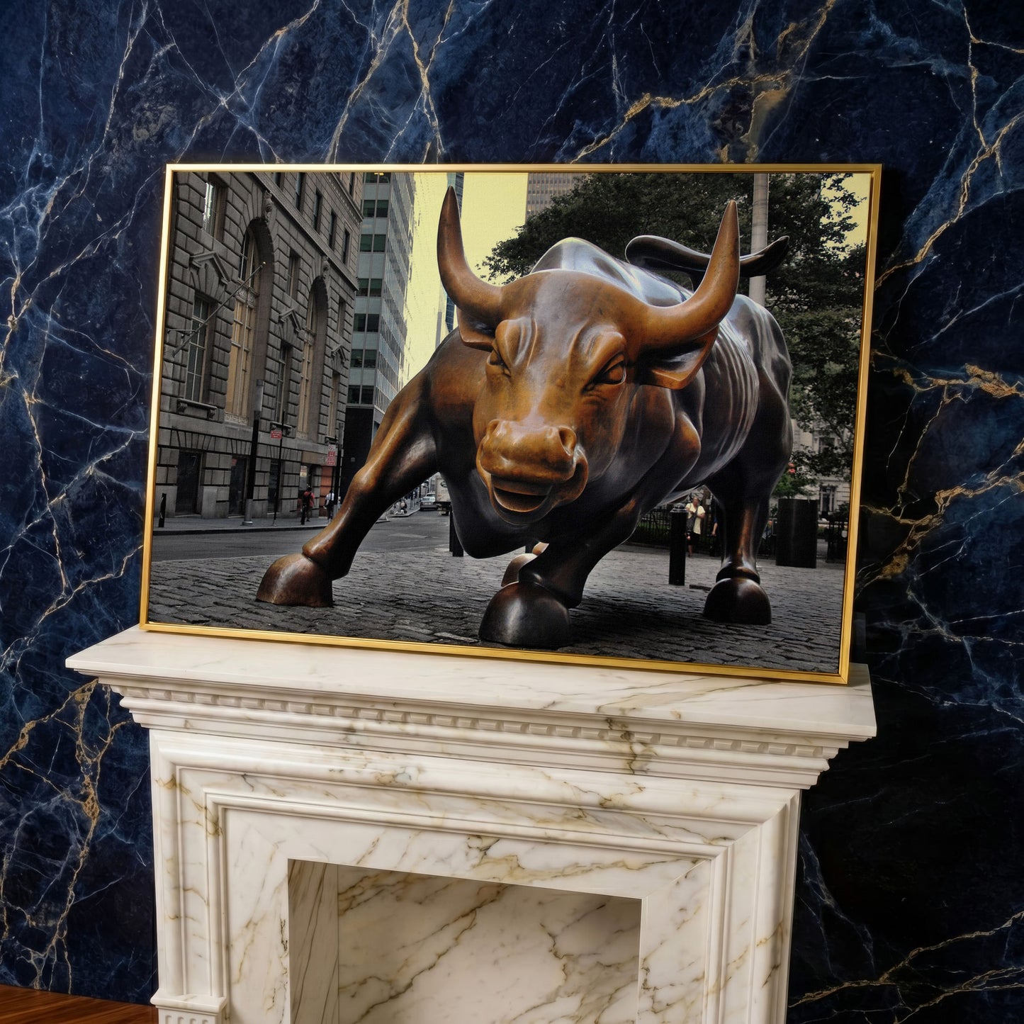 Charging Bull of Wall Street Canvas Art, New York City in yellow gold floating frame