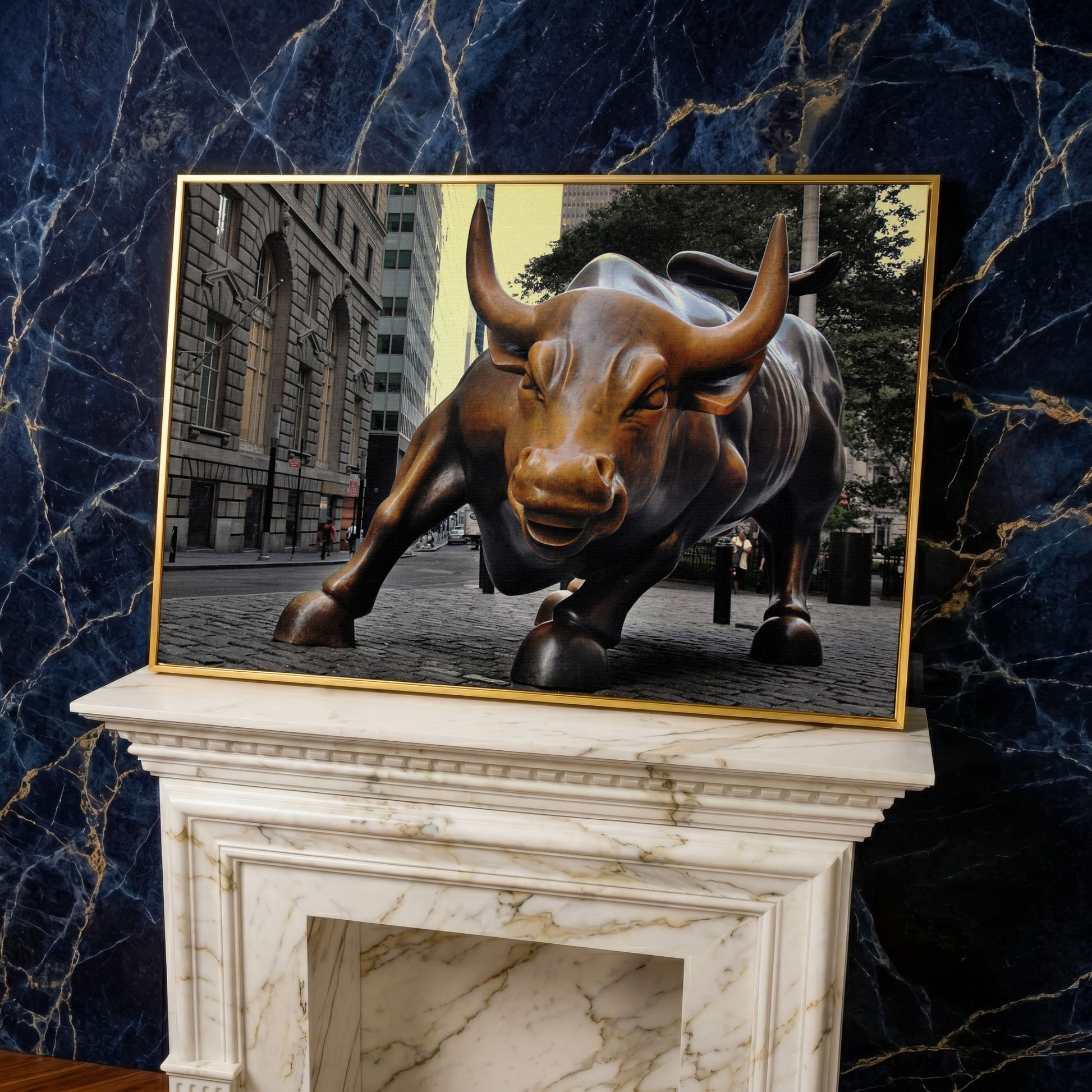 Charging Bull of Wall Street Canvas Art, New York City in yellow gold floating frame