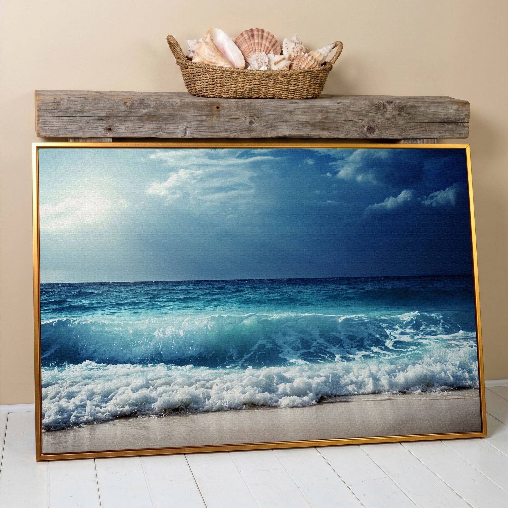 Ocean Wave Breaking on a Sandy Beach, Teal and Grey Canvas Art in antique gold floating frame