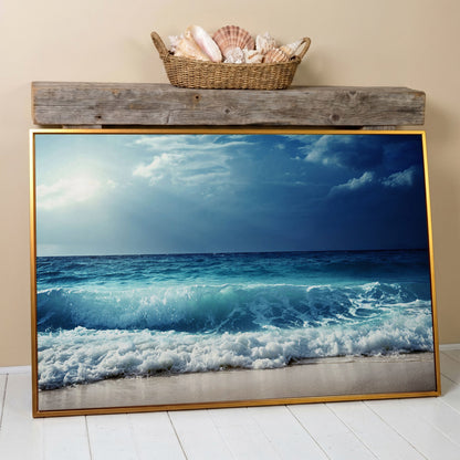 Ocean Wave Breaking on a Sandy Beach, Teal and Grey Canvas Art in antique gold floating frame