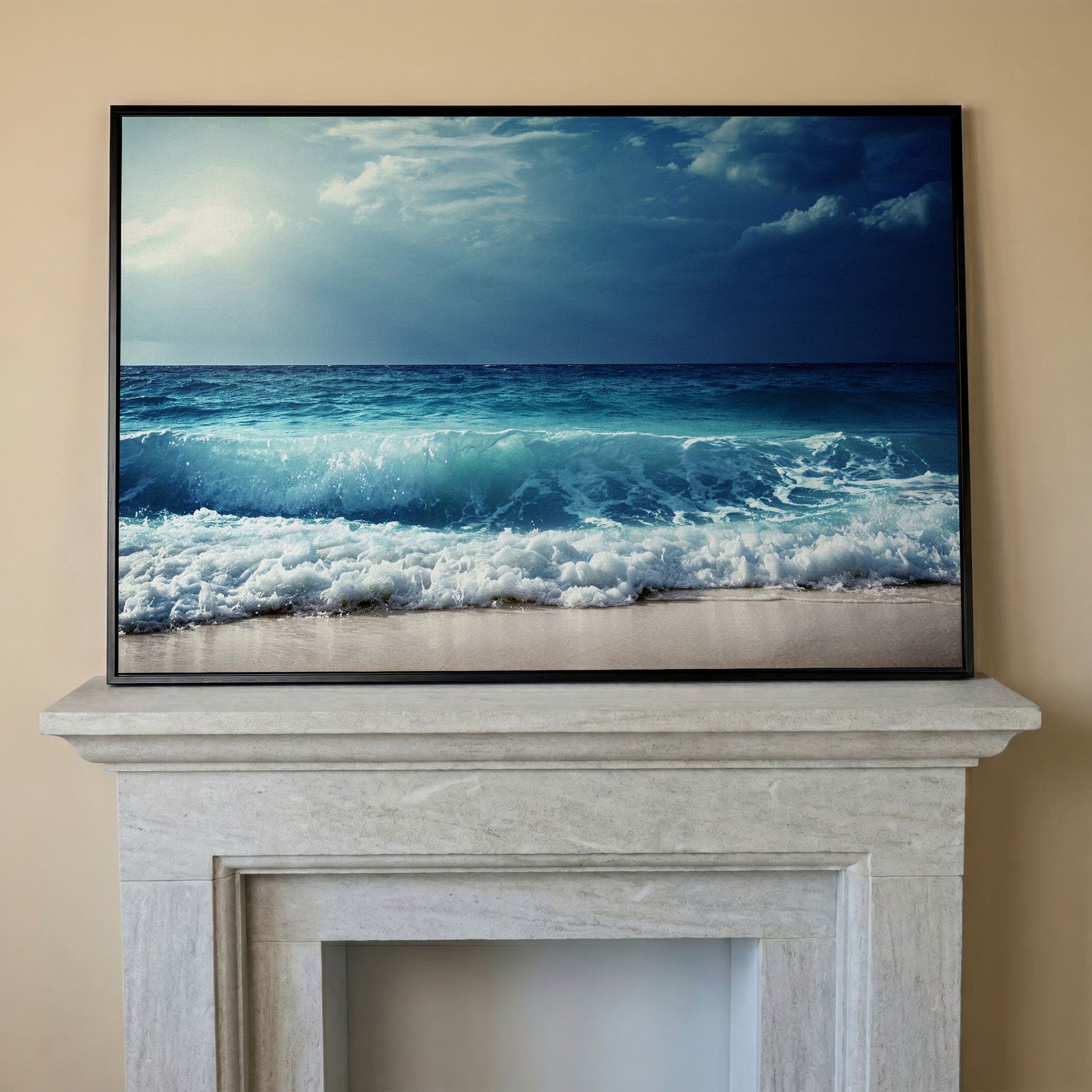 Ocean Wave Breaking on a Sandy Beach, Teal and Grey Canvas Art in black floating frame