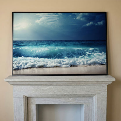 Ocean Wave Breaking on a Sandy Beach, Teal and Grey Canvas Art in black floating frame