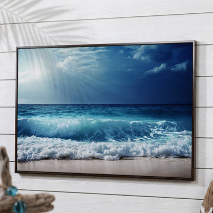 Ocean Wave Breaking on a Sandy Beach, Teal and Grey Canvas Art in dark walnut floating frame