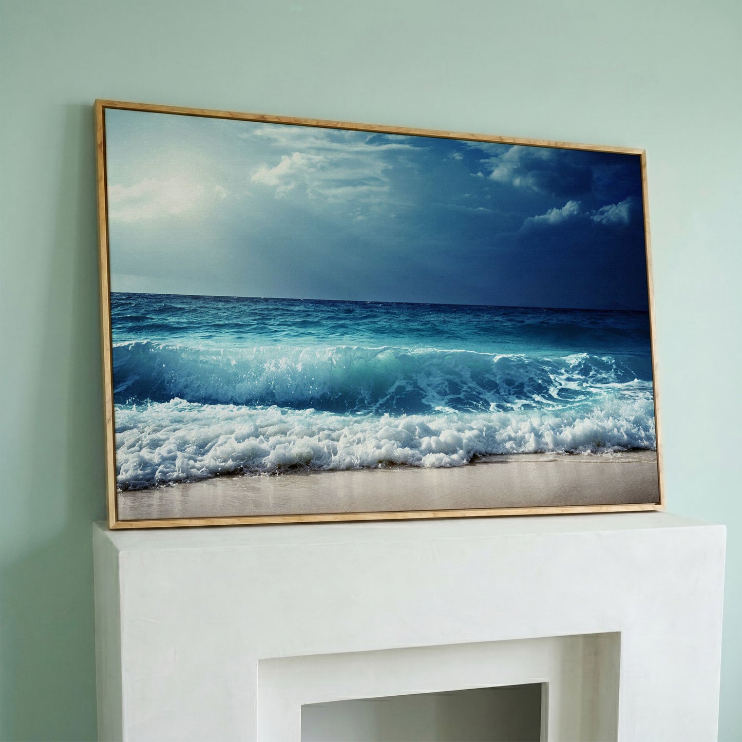 Ocean Wave Breaking on a Sandy Beach, Teal and Grey Canvas Art in white oak floating frame