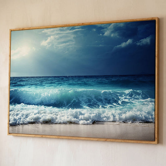 Ocean Wave Breaking on a Sandy Beach, Teal and Grey Canvas Art shown in white oak floating frame