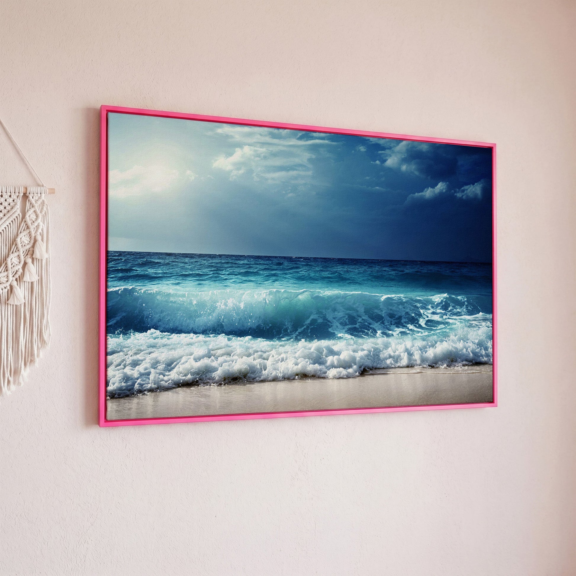 Ocean Wave Breaking on a Sandy Beach, Teal and Grey Canvas Art in pink floating frame