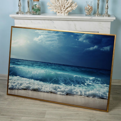 Ocean Wave Breaking on a Sandy Beach, Teal and Grey Canvas Art in rose gold floating frame