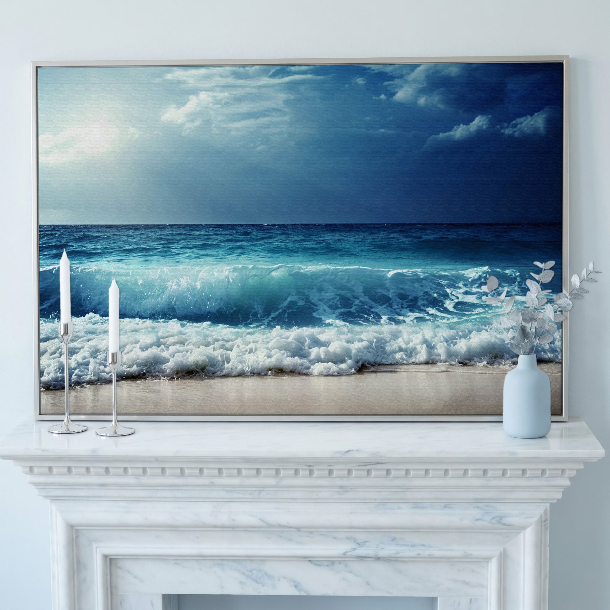 Ocean Wave Breaking on a Sandy Beach, Teal and Grey Canvas Art in silver floating frame