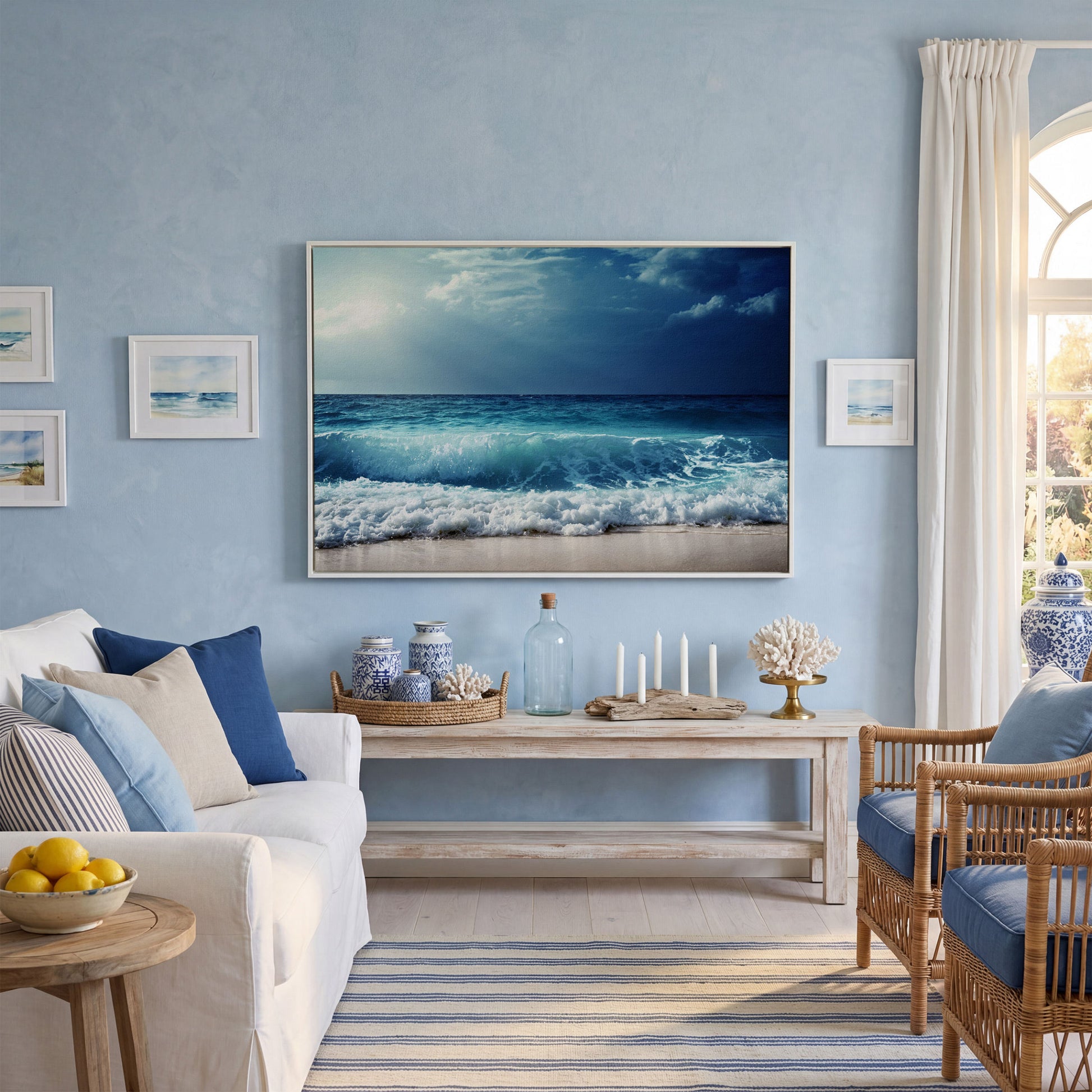 Ocean Wave Breaking on a Sandy Beach, Teal and Grey Canvas Art in white floating frame