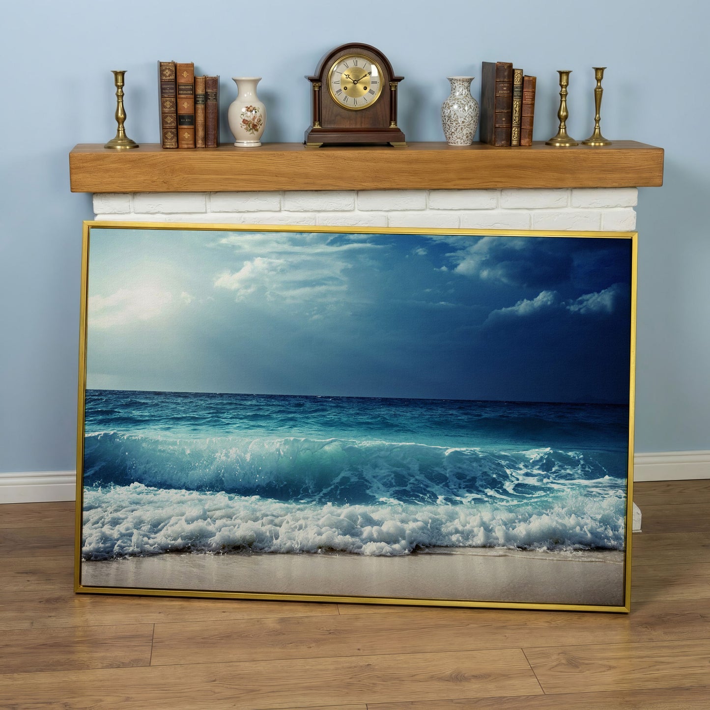Ocean Wave Breaking on a Sandy Beach, Teal and Grey Canvas Art in yellow gold floating frame