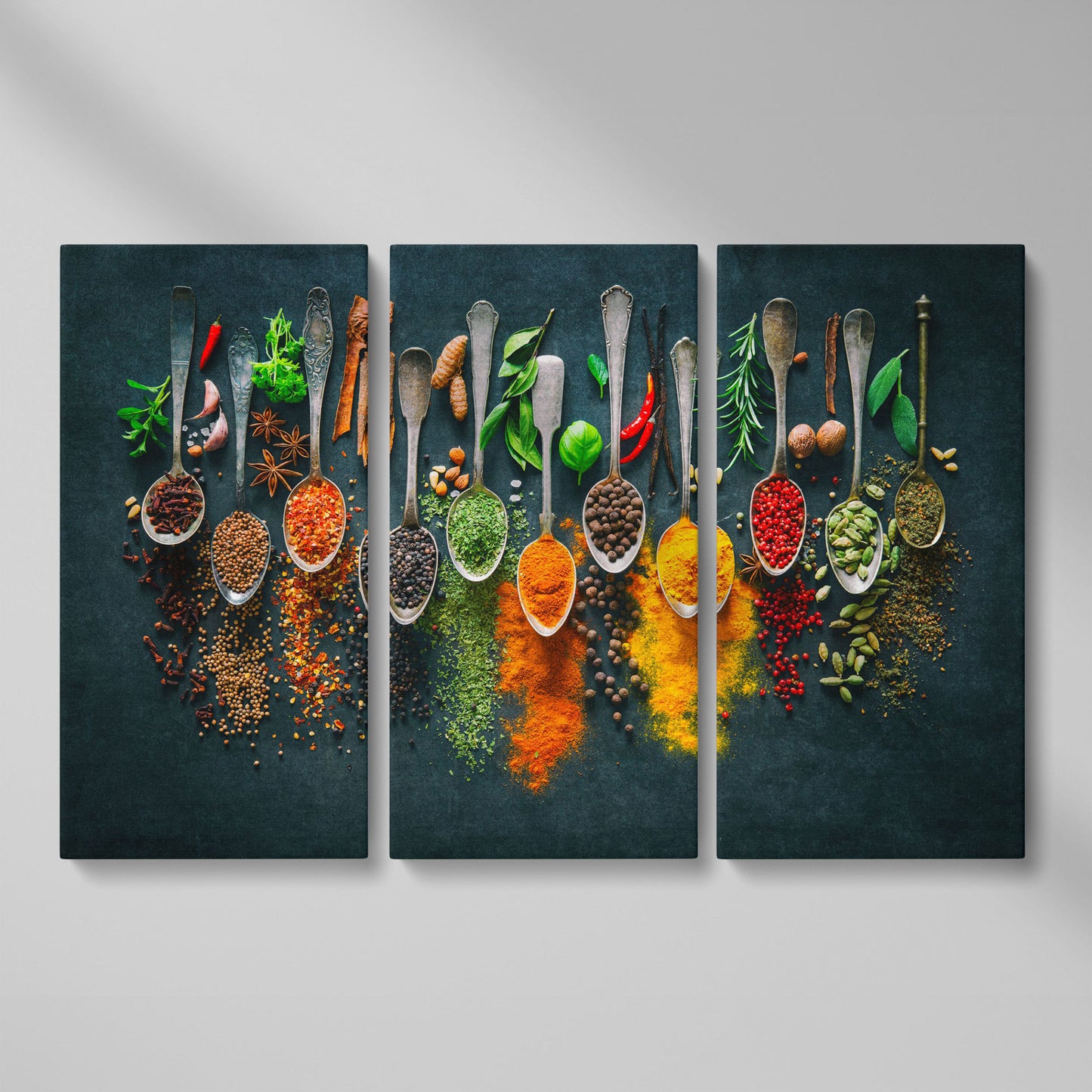 Spices & Herbs in Antique Silver Spoons. Kitchen Canvas Art as 3-panel split version