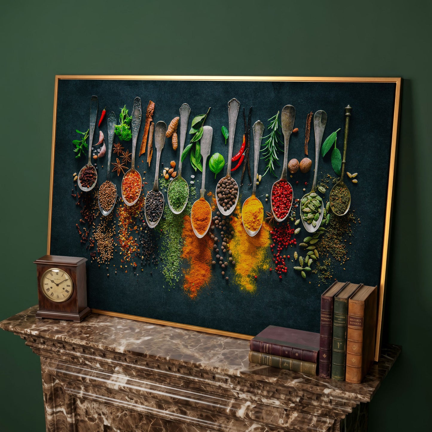 Spices & Herbs in Antique Silver Spoons. Kitchen Canvas Art in antique gold floating frame