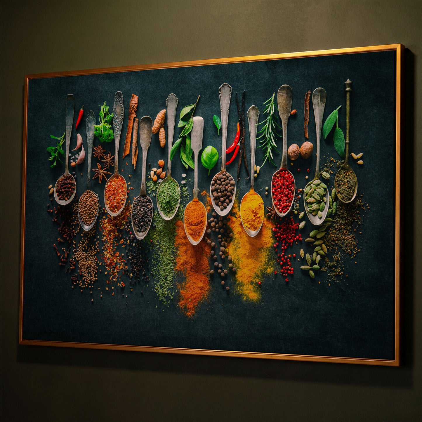 Spices & Herbs in Antique Silver Spoons. Kitchen Canvas Art shown in antique gold floating frame