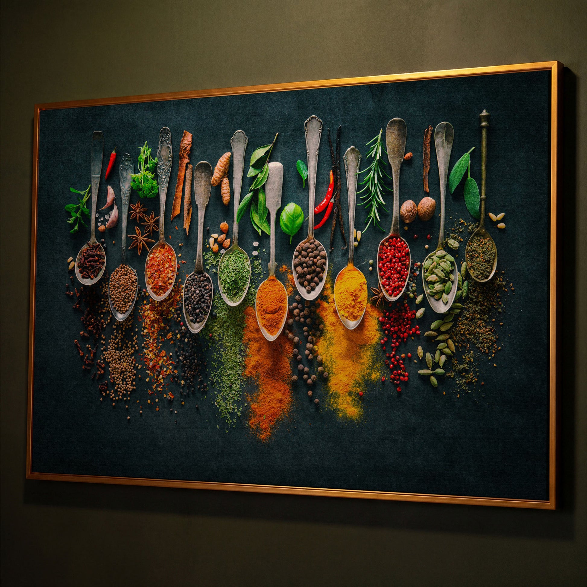 Spices & Herbs in Antique Silver Spoons. Kitchen Canvas Art shown in antique gold floating frame