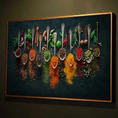 Spices & Herbs in Antique Silver Spoons. Kitchen Canvas Art shown in antique gold floating frame