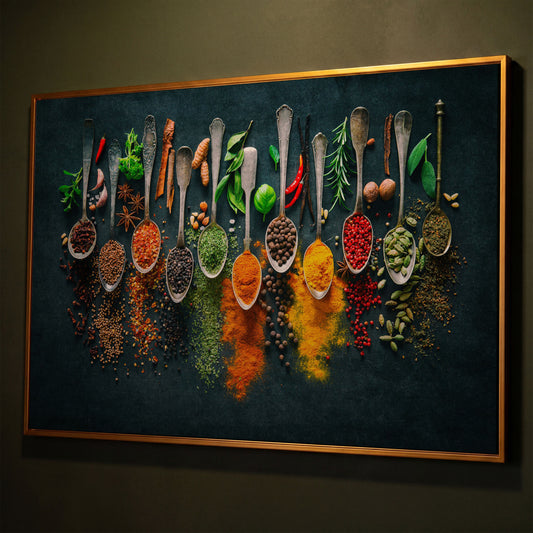 Spices & Herbs in Antique Silver Spoons. Kitchen Canvas Art shown in antique gold floating frame
