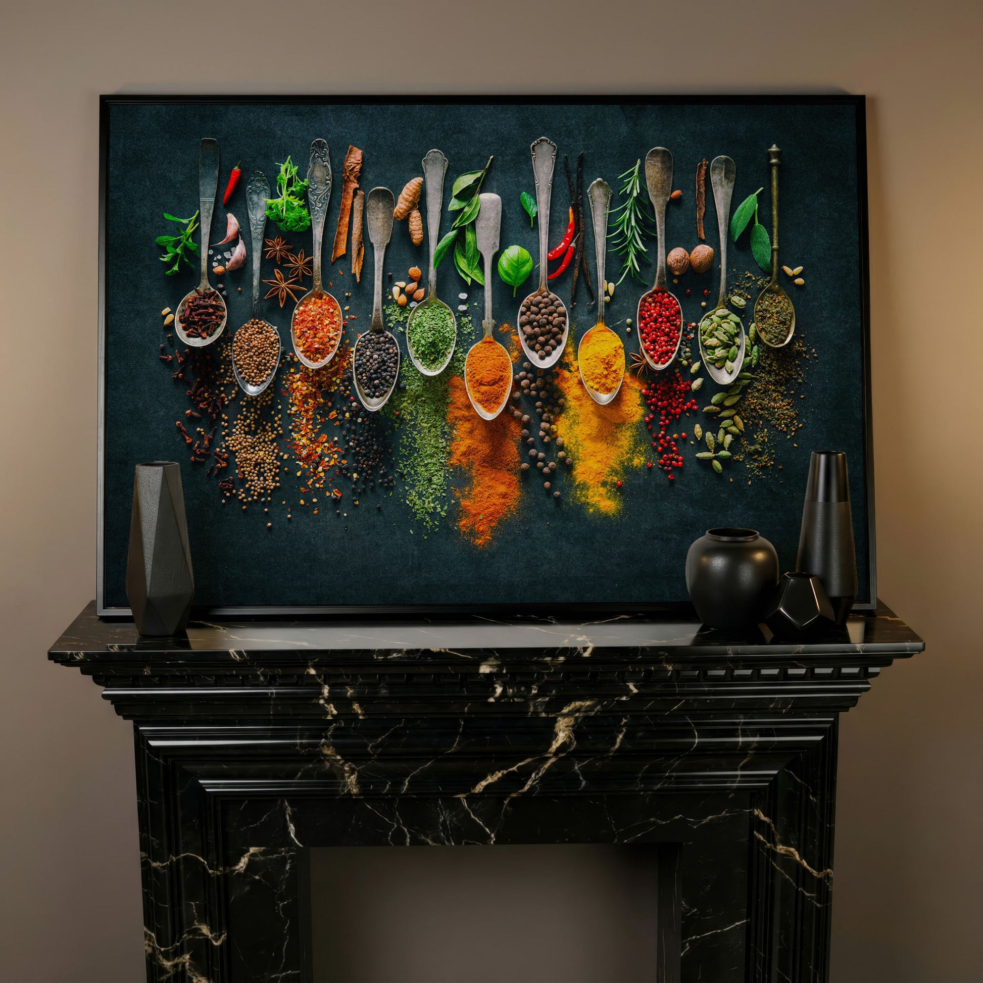 Spices & Herbs in Antique Silver Spoons. Kitchen Canvas Art in black floating frame