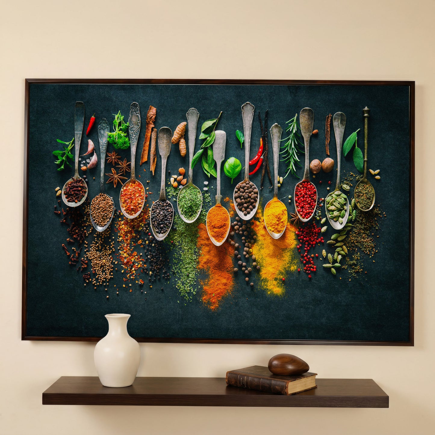 Spices & Herbs in Antique Silver Spoons. Kitchen Canvas Art in dark walnut floating frame
