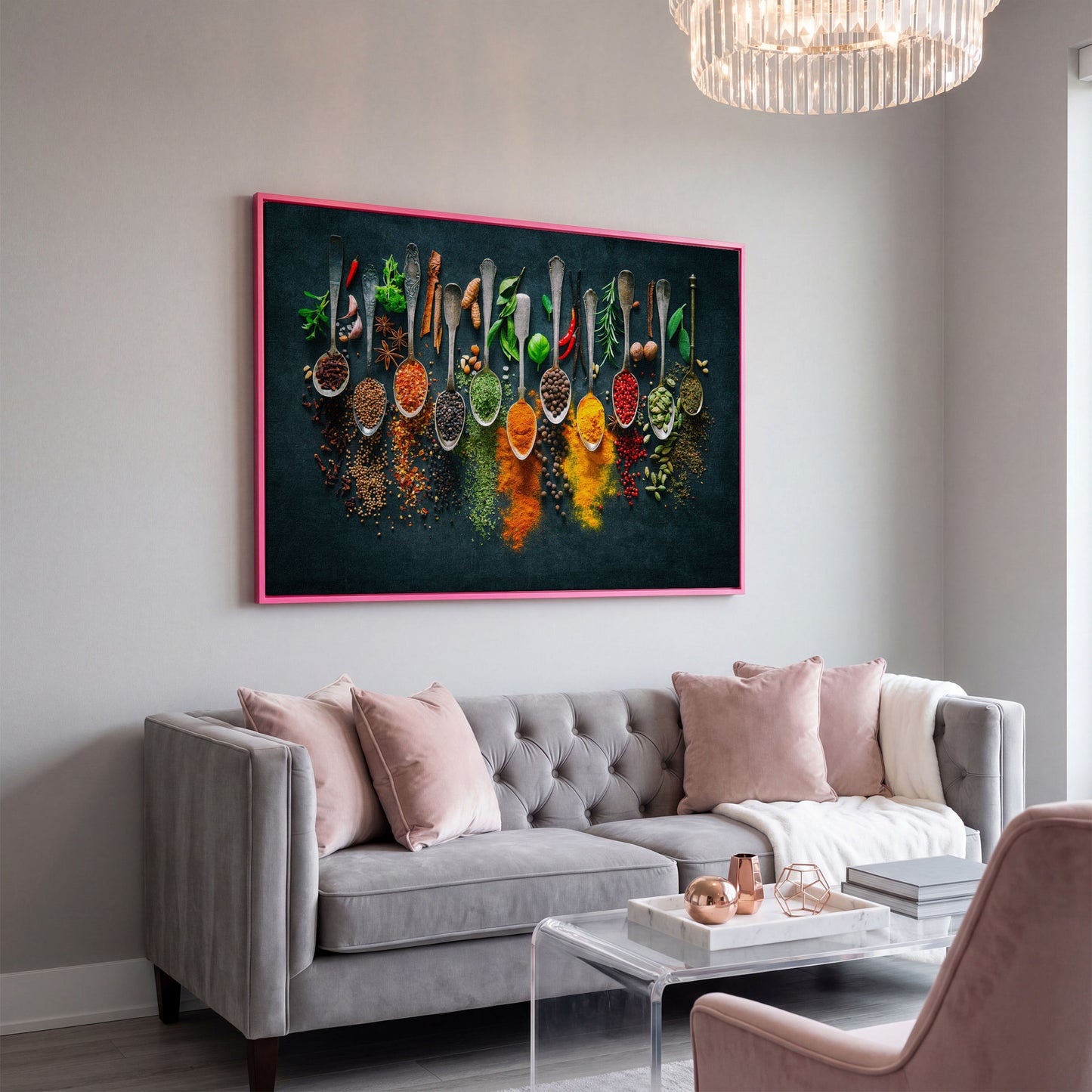Spices & Herbs in Antique Silver Spoons. Kitchen Canvas Art in pink floating frame