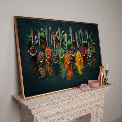 Spices & Herbs in Antique Silver Spoons. Kitchen Canvas Art in rose gold floating frame
