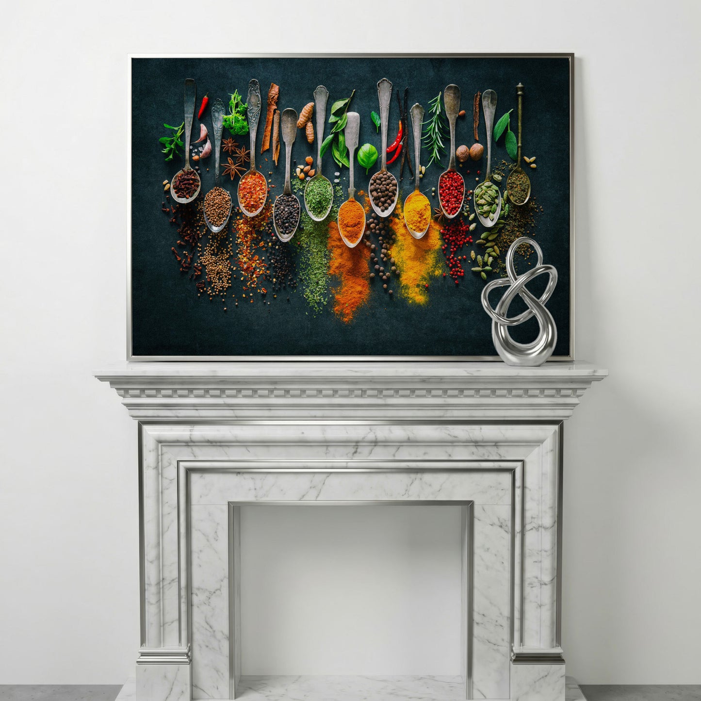 Spices & Herbs in Antique Silver Spoons. Kitchen Canvas Art in silver floating frame