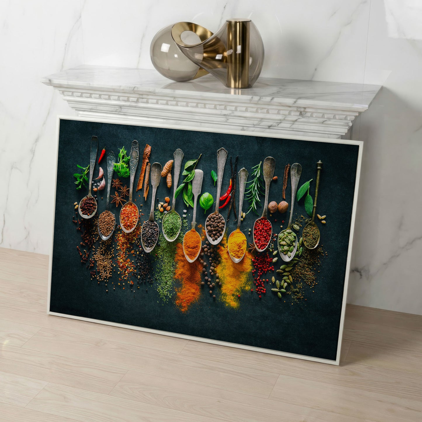 Spices & Herbs in Antique Silver Spoons. Kitchen Canvas Art in white floating frame