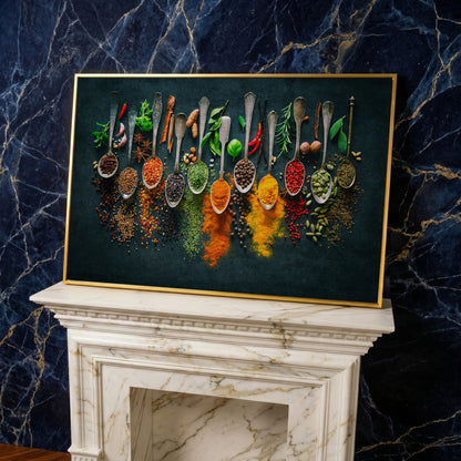 Spices & Herbs in Antique Silver Spoons. Kitchen Canvas Art in yellow gold floating frame