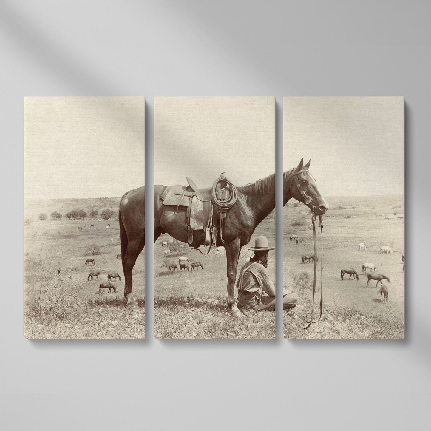 Cowboy Resting by His Horse, Western Field Canvas Wall Art as 3-panel split version