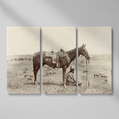 Cowboy Resting by His Horse, Western Field Canvas Wall Art as 3-panel split version