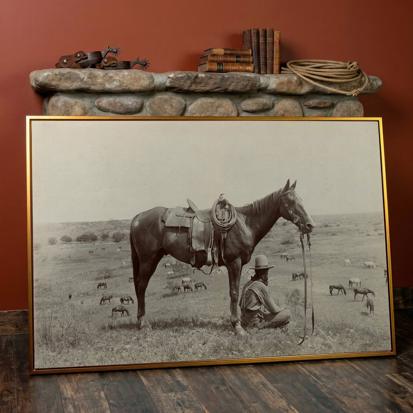 Cowboy Resting by His Horse, Western Field Canvas Wall Art in antique gold floating frame