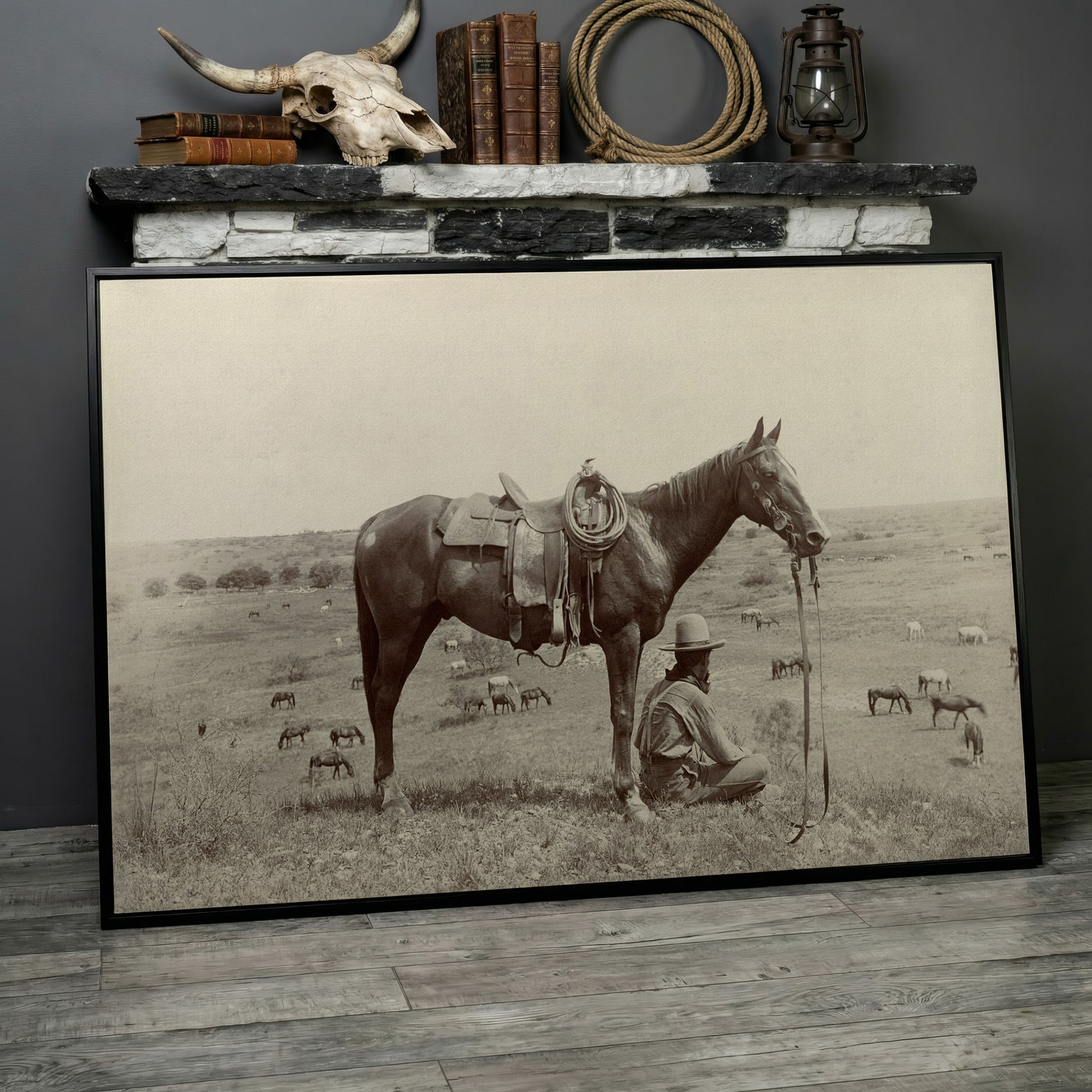 Cowboy Resting by His Horse, Western Field Canvas Wall Art in black floating frame