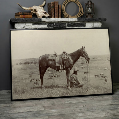 Cowboy Resting by His Horse, Western Field Canvas Wall Art in black floating frame