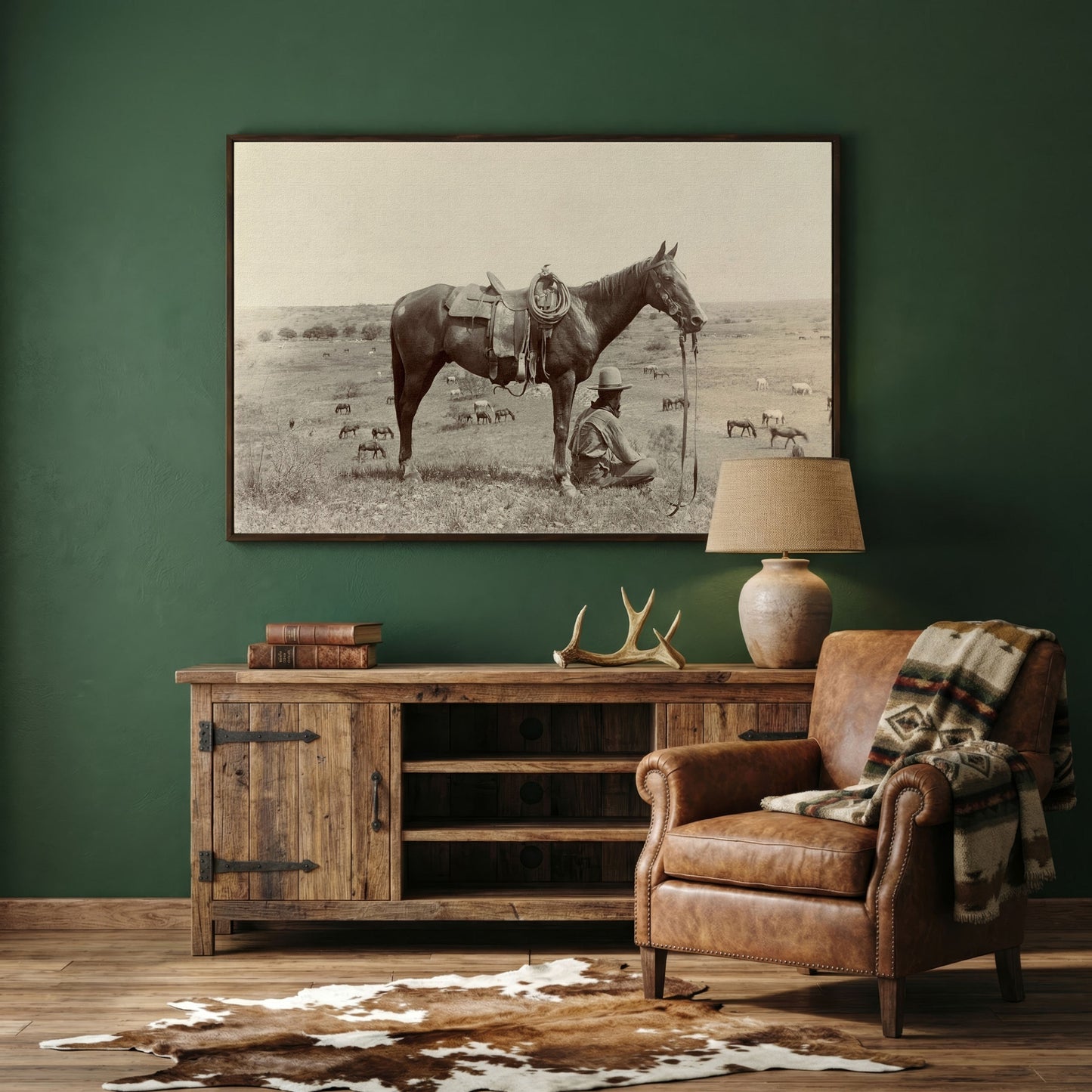 Cowboy Resting by His Horse, Western Field Canvas Wall Art in dark walnut floating frame