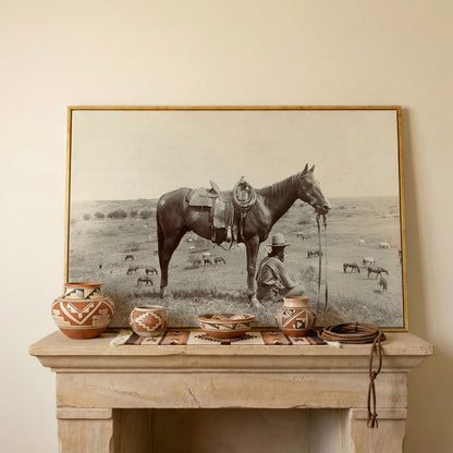 Cowboy Resting by His Horse, Western Field Canvas Wall Art in white oak floating frame