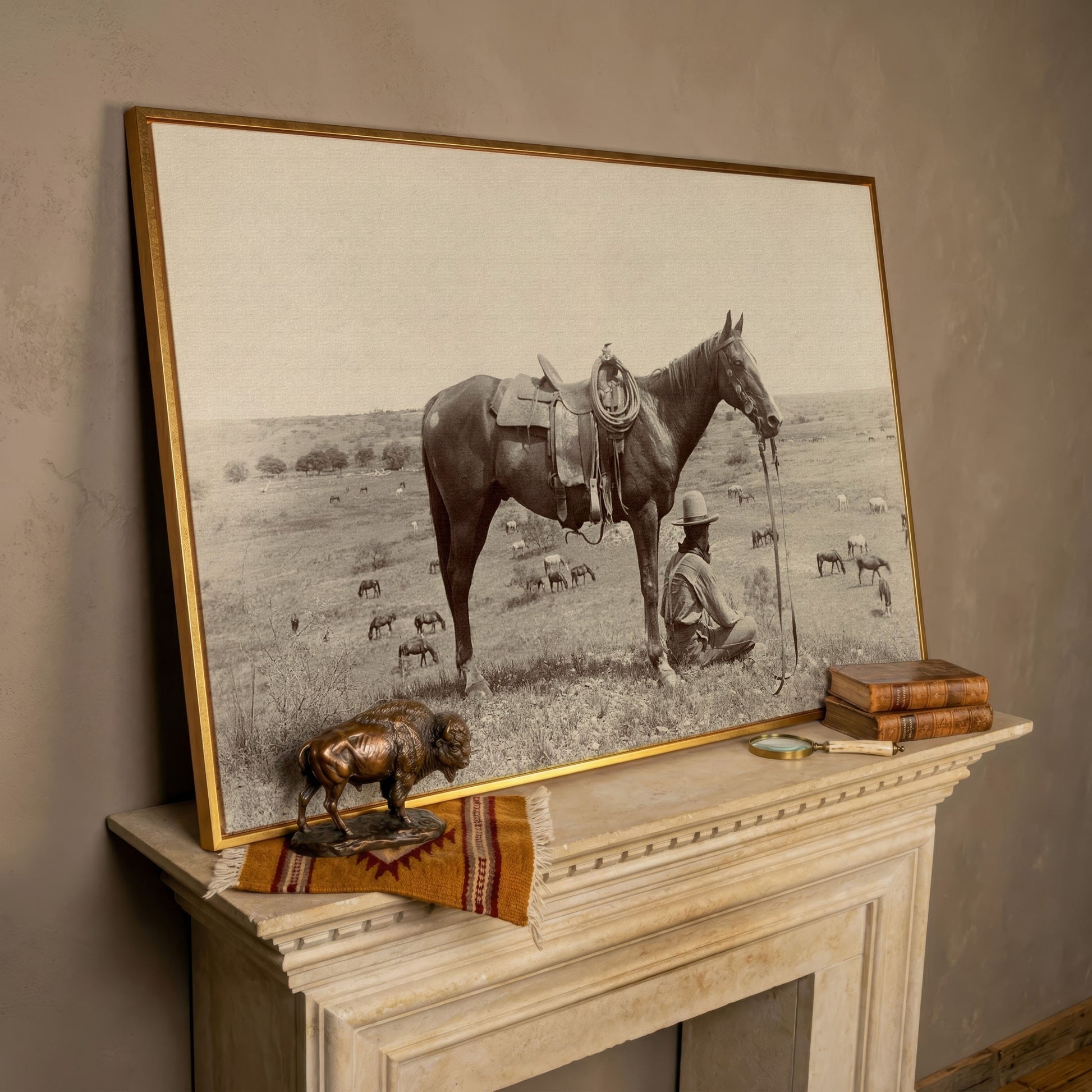 Cowboy Resting by His Horse, Western Field Canvas Wall Art in rose gold floating frame