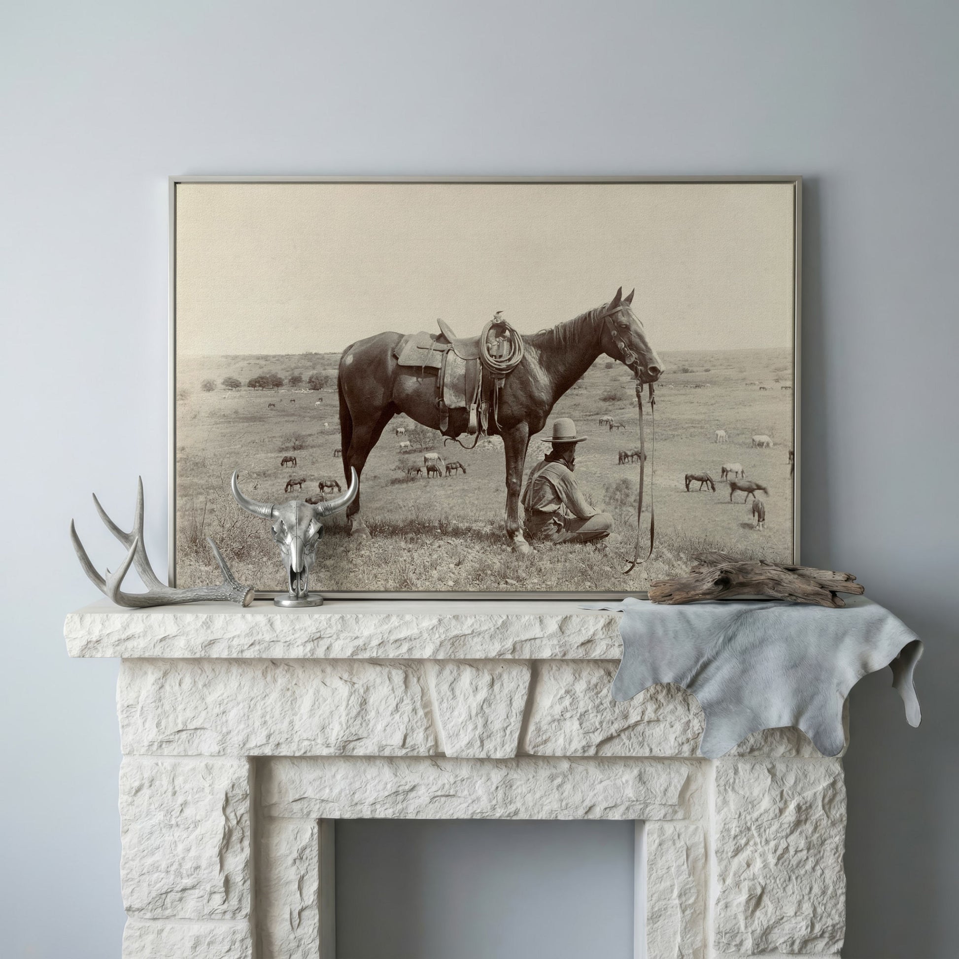 Cowboy Resting by His Horse, Western Field Canvas Wall Art in silver floating frame