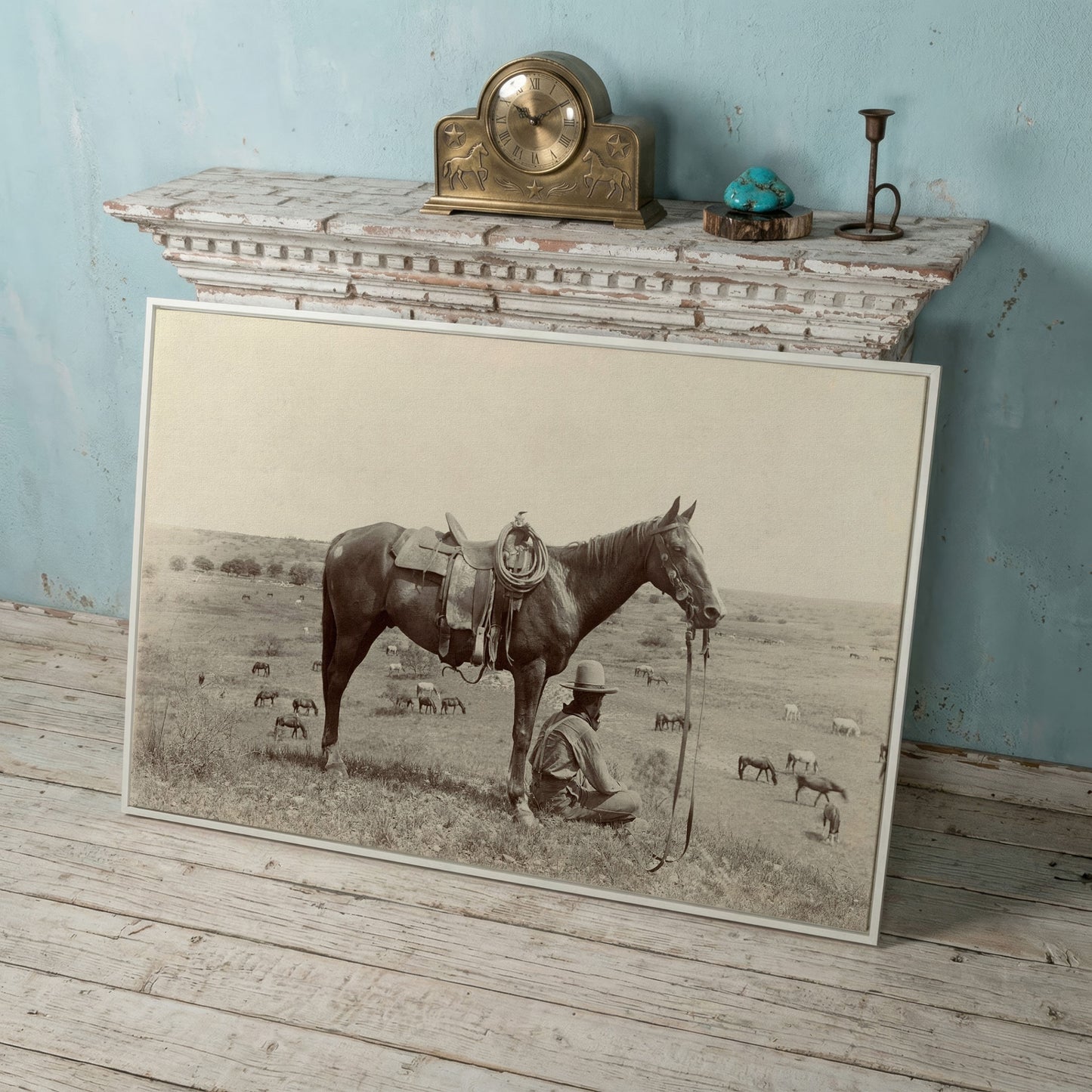 Cowboy Resting by His Horse, Western Field Canvas Wall Art in white floating frame