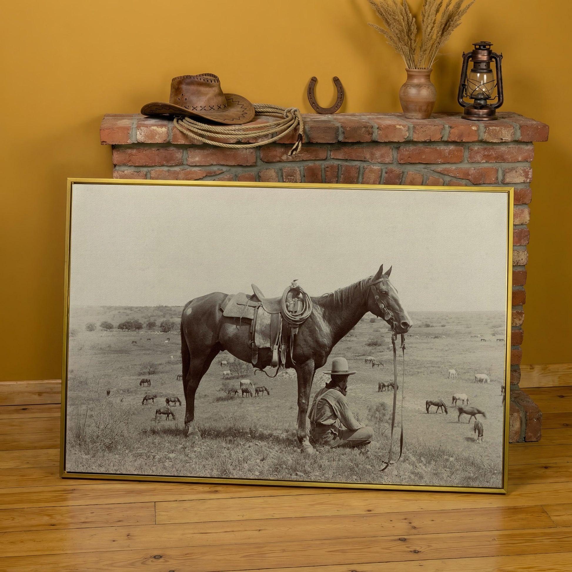 Cowboy Resting by His Horse, Western Field Canvas Wall Art in yellow gold floating frame