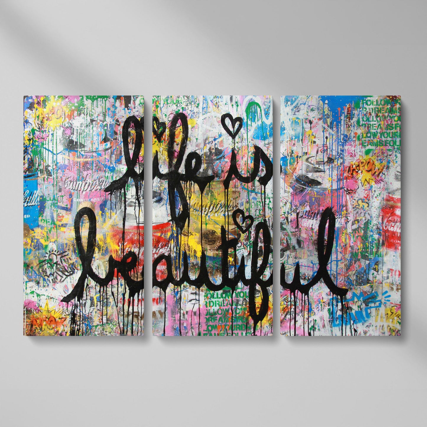 Life Is Beautiful Graffiti Canvas Wall Art, Abstract Street Art Print as 3-panel split version