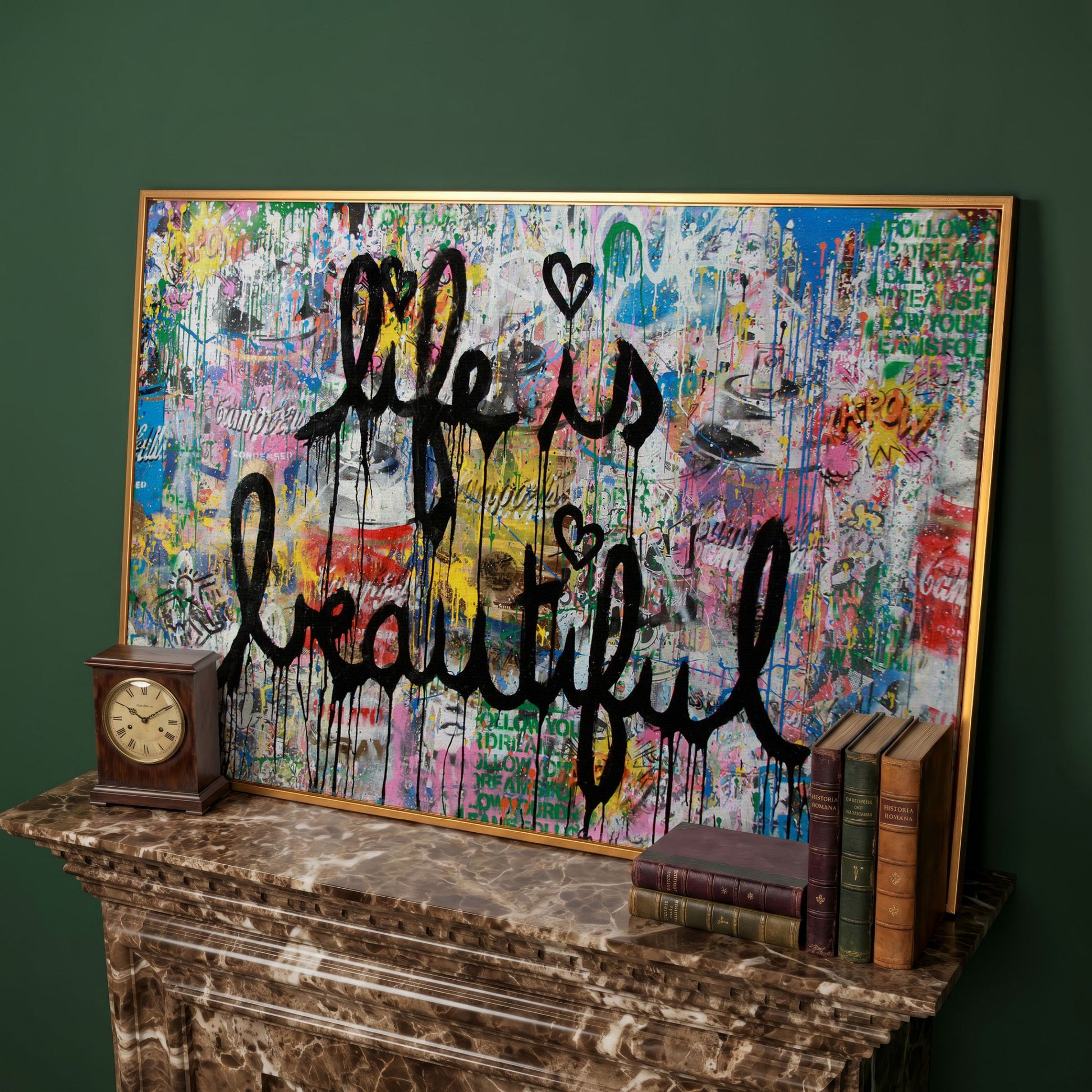 Life Is Beautiful Graffiti Canvas Wall Art, Abstract Street Art Print in antique gold floating frame