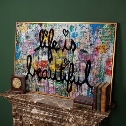 Life Is Beautiful Graffiti Canvas Wall Art, Abstract Street Art Print in antique gold floating frame