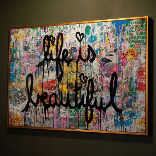 Life Is Beautiful Graffiti Canvas Wall Art, Abstract Street Art Print shown in antique gold floating frame