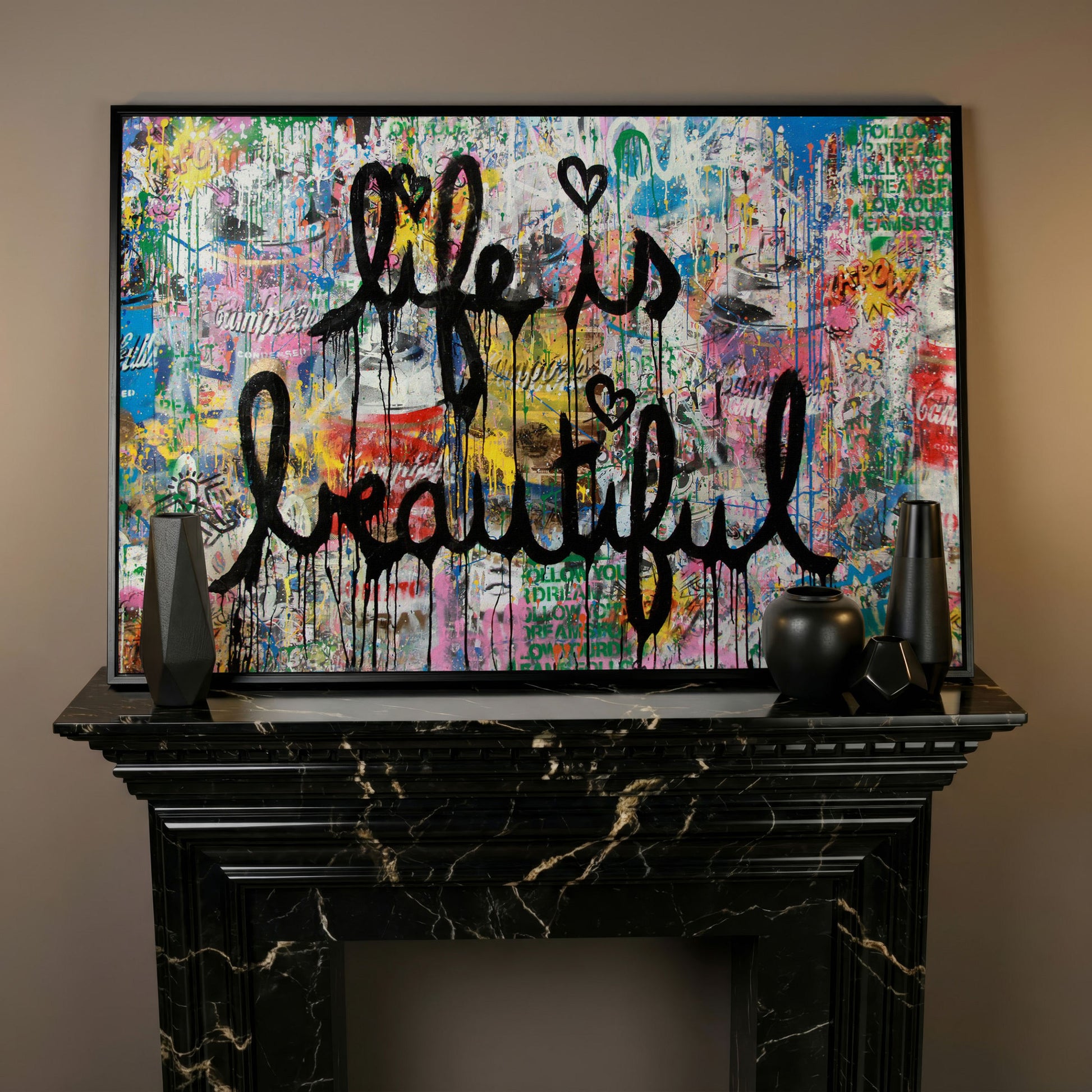 Life Is Beautiful Graffiti Canvas Wall Art, Abstract Street Art Print in black floating frame