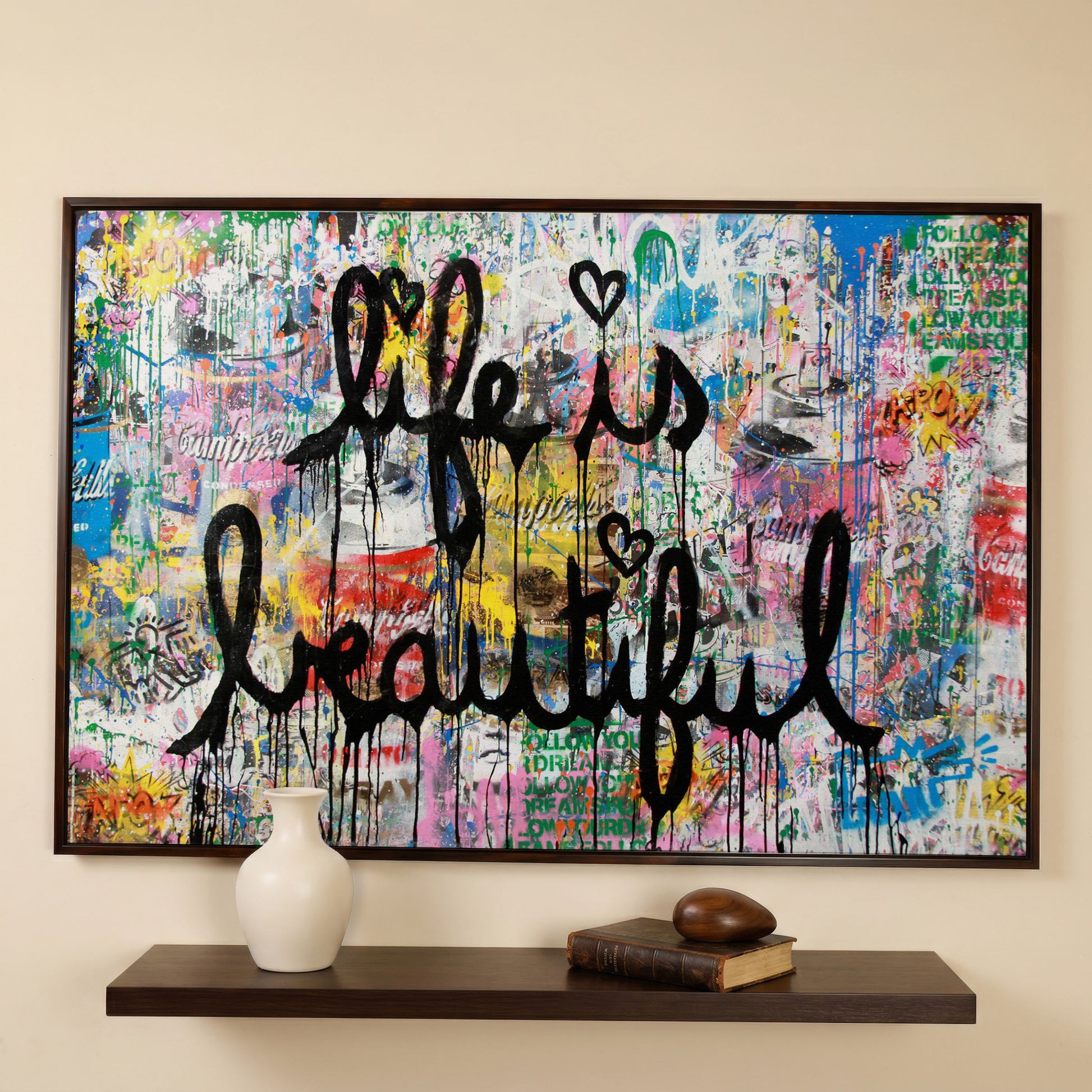 Life Is Beautiful Graffiti Canvas Wall Art, Abstract Street Art Print in dark walnut floating frame