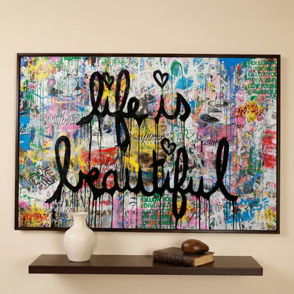 Life Is Beautiful Graffiti Canvas Wall Art, Abstract Street Art Print in dark walnut floating frame